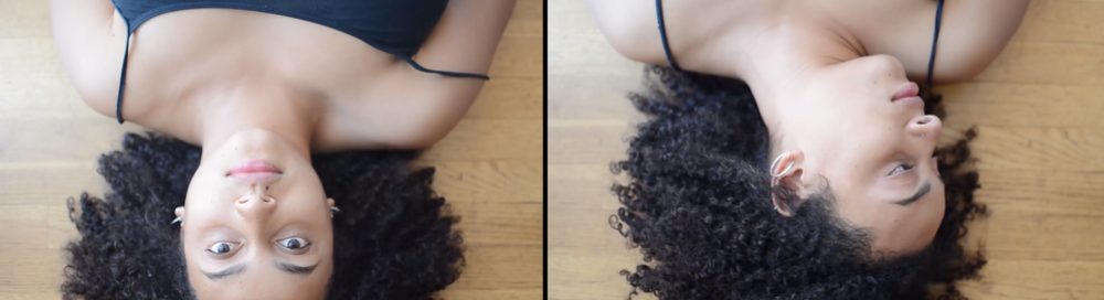 Two photographs side by side of a person lying with their head tilted back and their hair spread across a wooden floor.